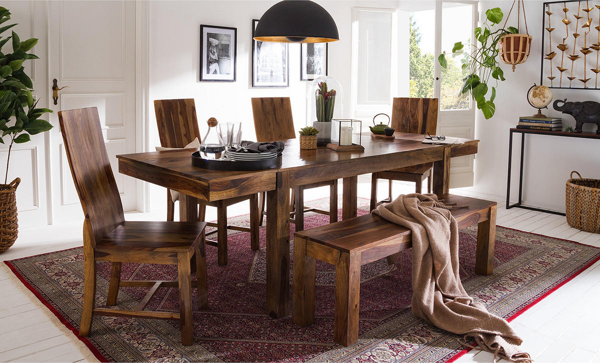 ESSTISCH mit Ansteckplatten - Sheesham massiv - Sheeshamfarben, Holz (90/160/77cm) - home24