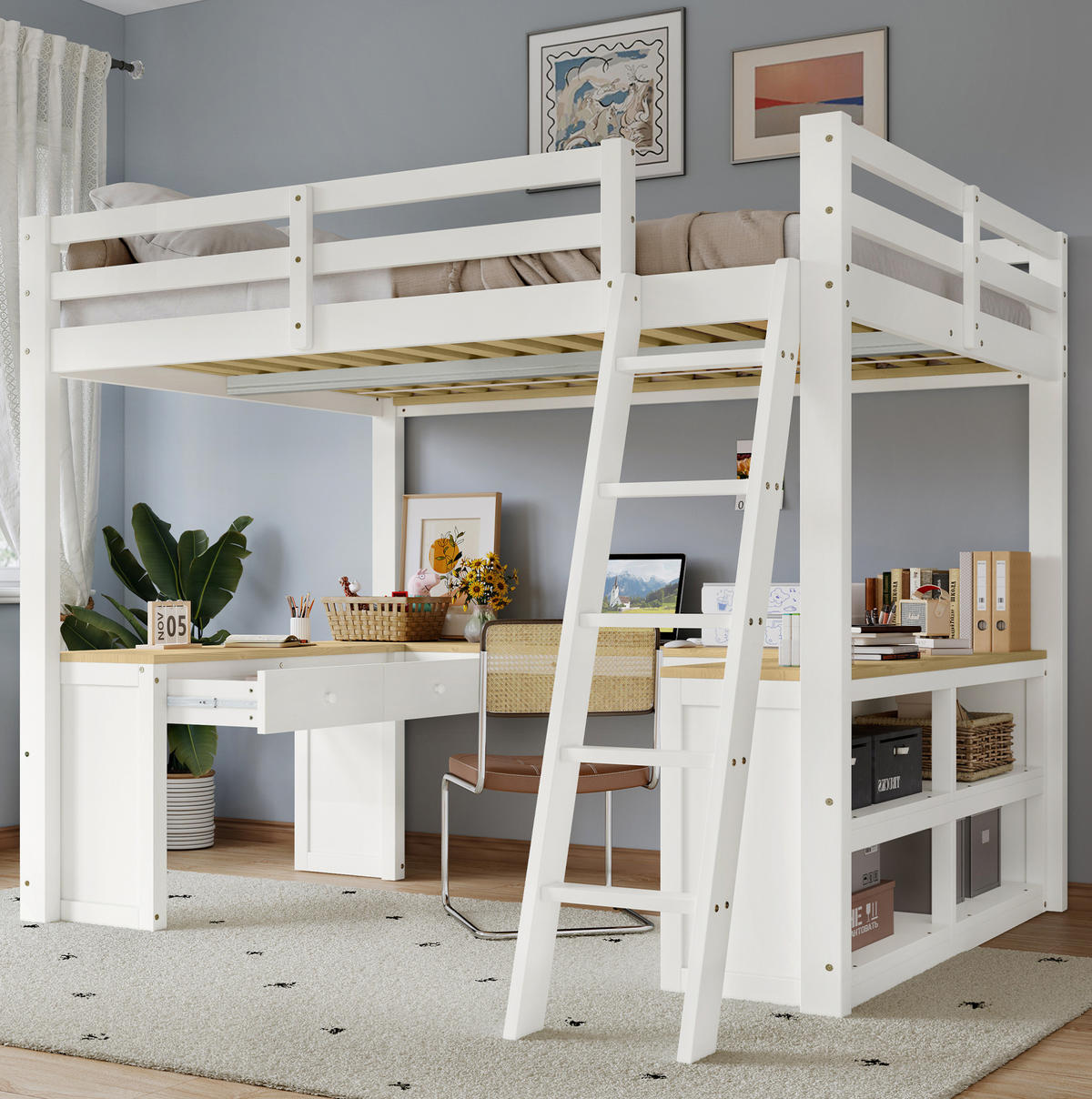 HOCHBETT 140/200 cm Weiß+Natur mit U-förmigem Langtisch und zwei Schubladen aus Kiefer und MDF - Weiß, Holzwerkstoff (140/200cm) - OKWISH