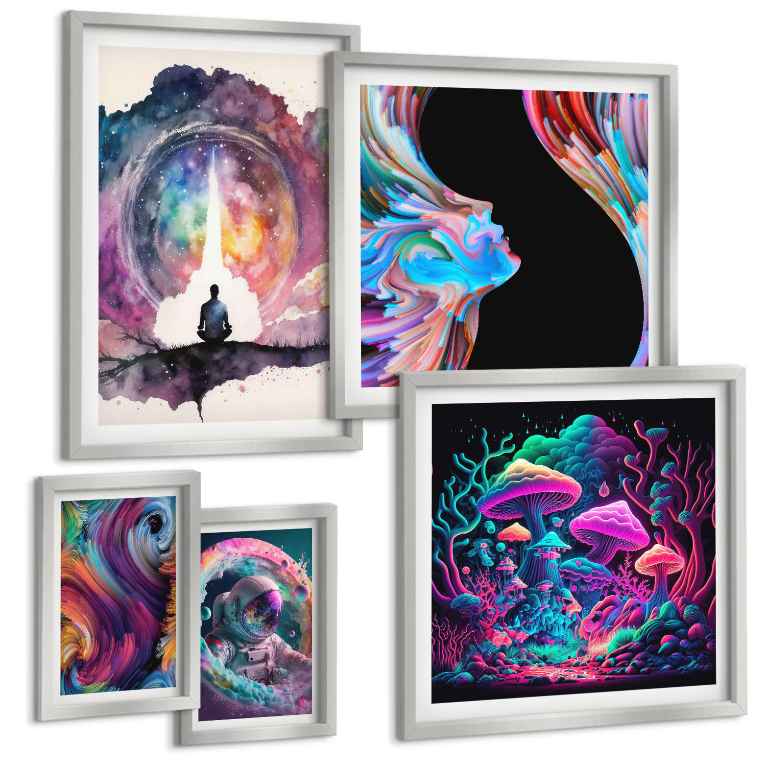 BILDER SET 5er Set - 50x50 cm & 20x30 cm & 40x60 cm Silberner Rahmen - Farbenfrohe Fantasy-Kunstillustrationen - Silberfarben, Kunststoff (40/60cm) - TULUP