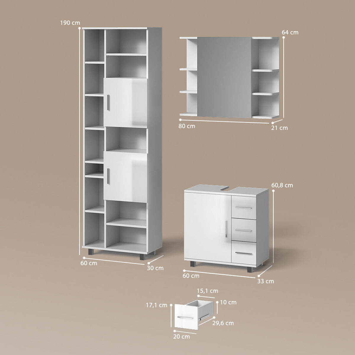 BADMÖBEL-SET Eisak Weiß Hochglanz 3 Teile, mit Hochschrank - Weiß Hochglanz/Weiß, Holzwerkstoff (60/60/33cm) - Livinity®