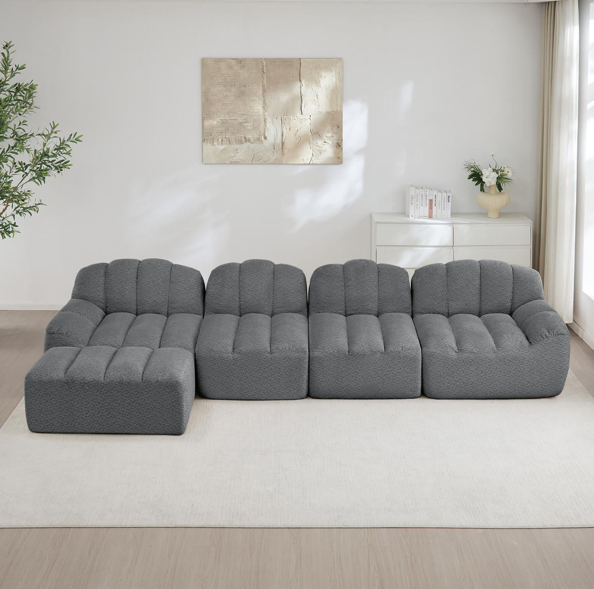 SOFA modular 4-Sitzer mit Ottoman Granular Fleece Grey - Grau, Kunststoff (165/366cm) - Meubliv
