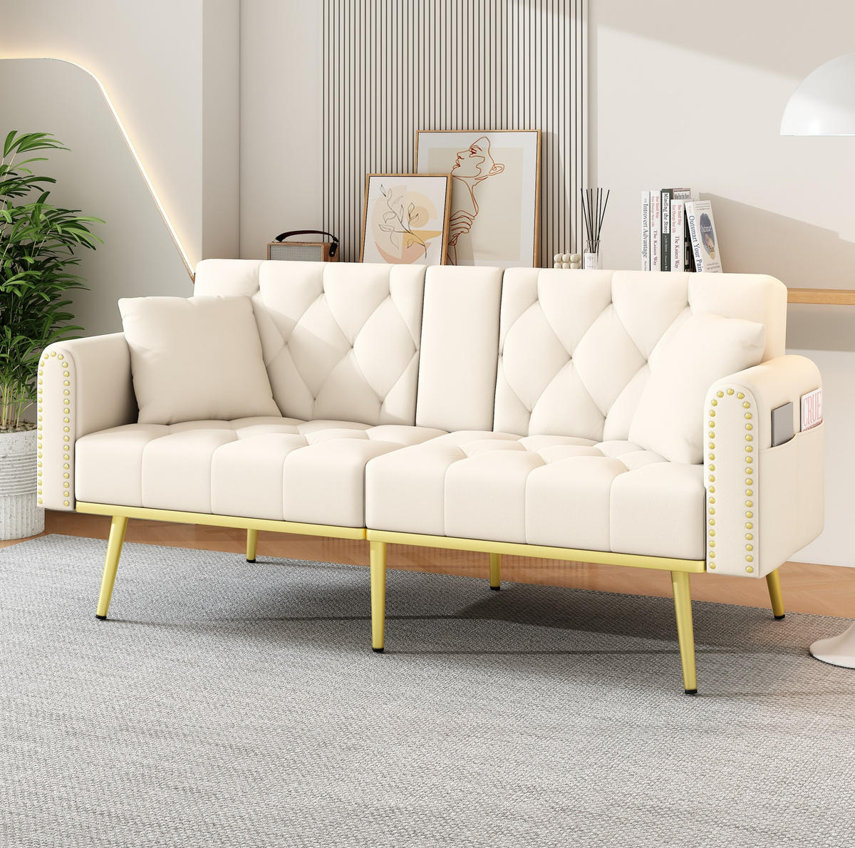 SCHLAFSOFA aus Samt 175x80x73,5 cm in Beige mit Liegefunktion & Getränkehalter - Beige, Textil (175/73.5/80cm) - Modfu