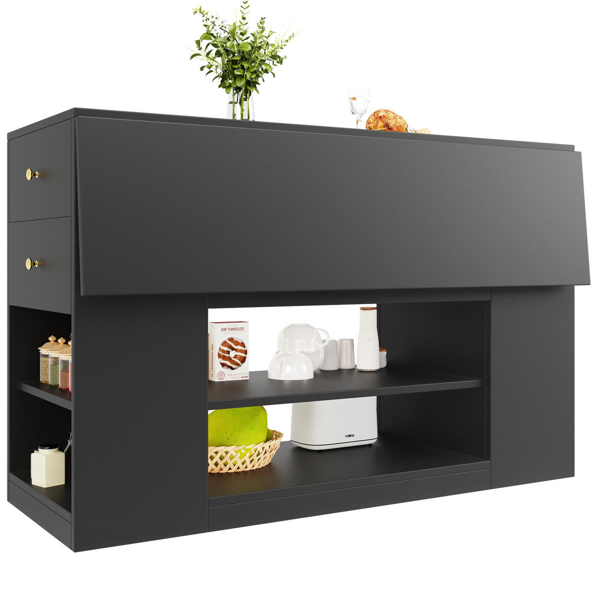 KUHINJSKI otok 140/40/90 cm crni, MDF, s preklopnom pločom i spremištem - crna, drvni materijal (140/90/70cm) - BEAOK