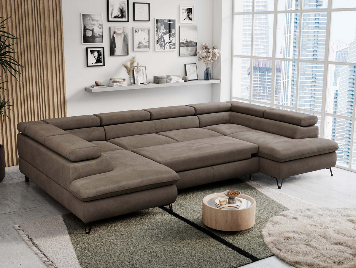 WOHNLANDSCHAFT PETER U Velvet Braun - Schwarz/Braun, Textil/Metall (346/76/208cm) - MKS