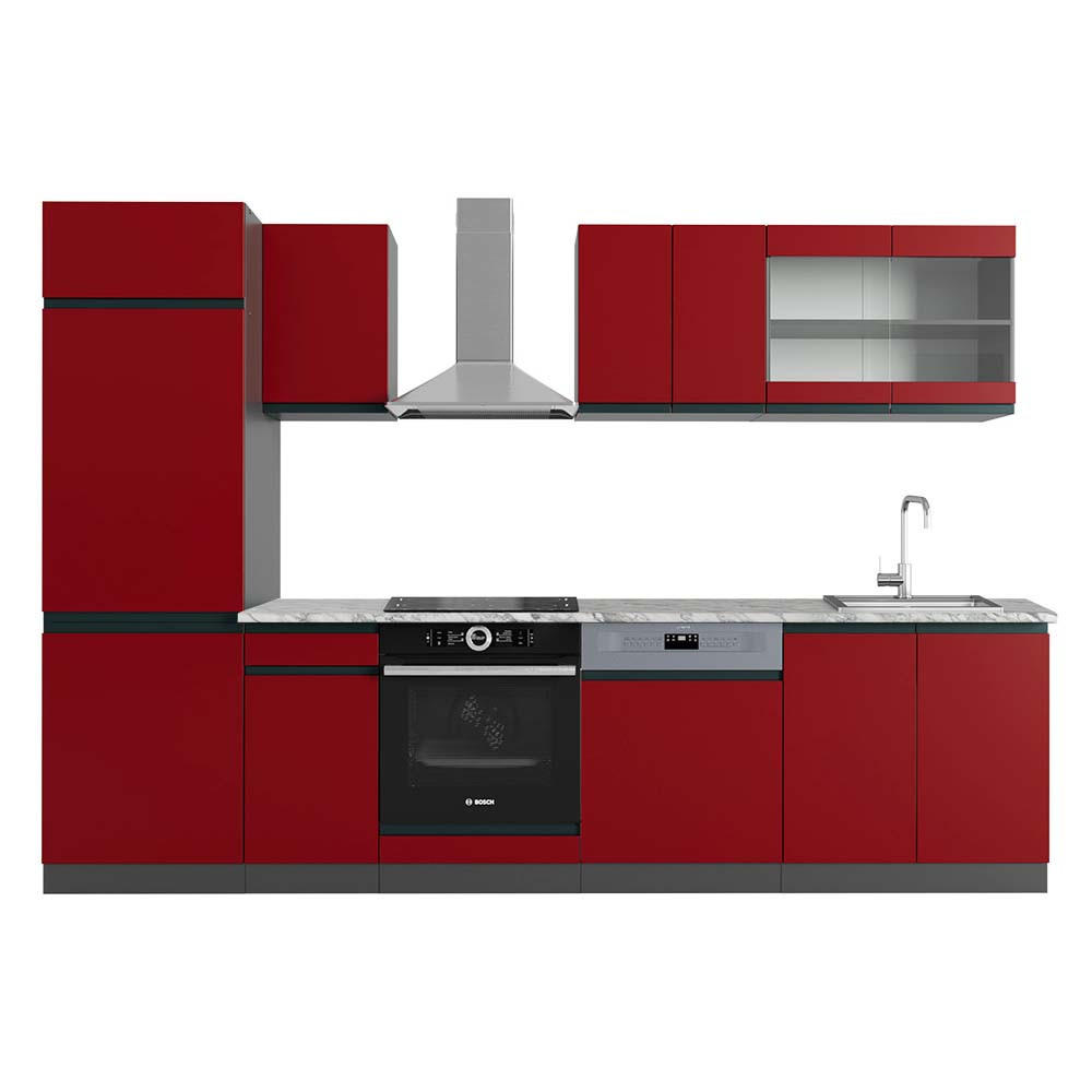 KÜCHENZEILE R-Line Rot/Anthrazit 300 cm, AP Marmor - Rotbraun/Anthrazit, Holzwerkstoff (300/81.6/60cm) - Vicco