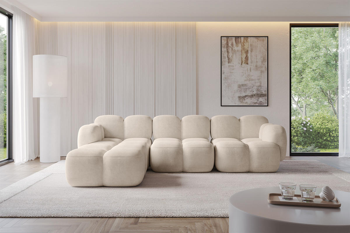 ECKSOFA modulares Sofa Links Miko-L2 302x205x75 Beige Velours - Ecru/Schwarz, Holzwerkstoff/Kunststoff (302/205cm) - ALTDECOR