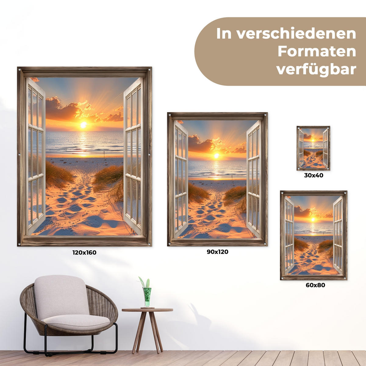 GARTENPOSTER Durchblick - Strand - Dünen - Sonnenuntergang 120x160 cm - Orange, Kunststoff (120/160/0.2cm) - OnlyWow