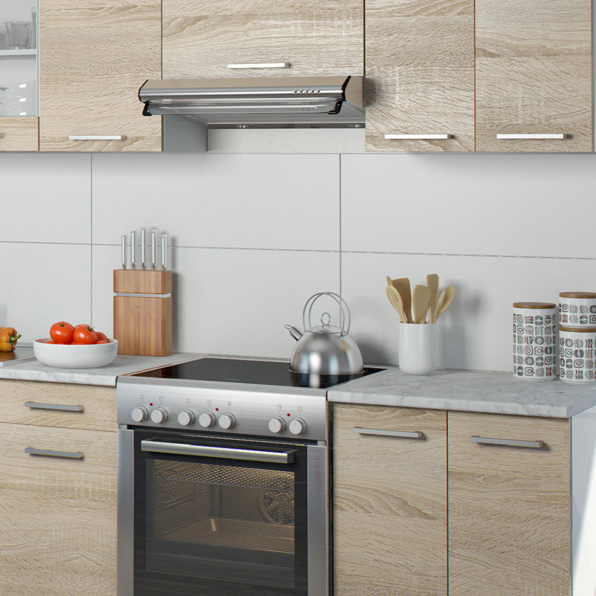 KÜCHENZEILE Raul Sonoma 240 cm, AP Marmor mit LED-Leisten - Weiß/Sonoma Eiche, Holzwerkstoff (240/81.6/60cm) - Vicco
