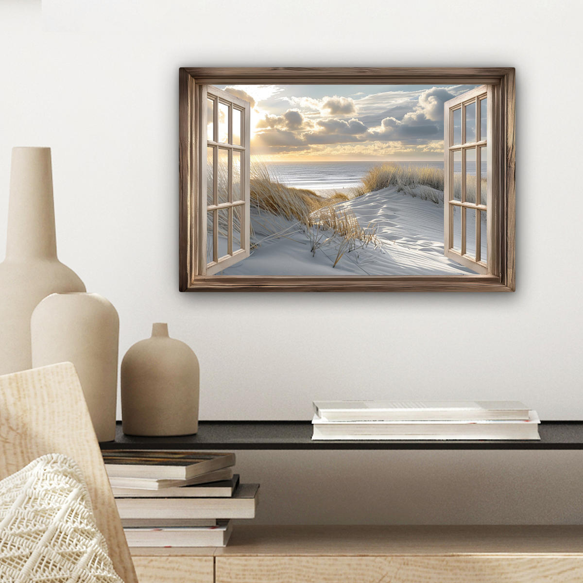 LEINWANDBILD Ausblick - Strand - Dünen - Meer - Natur Deko Schlafzimmer 30x20 cm - Sandfarben, Textil (30/20cm) - MuchoWow