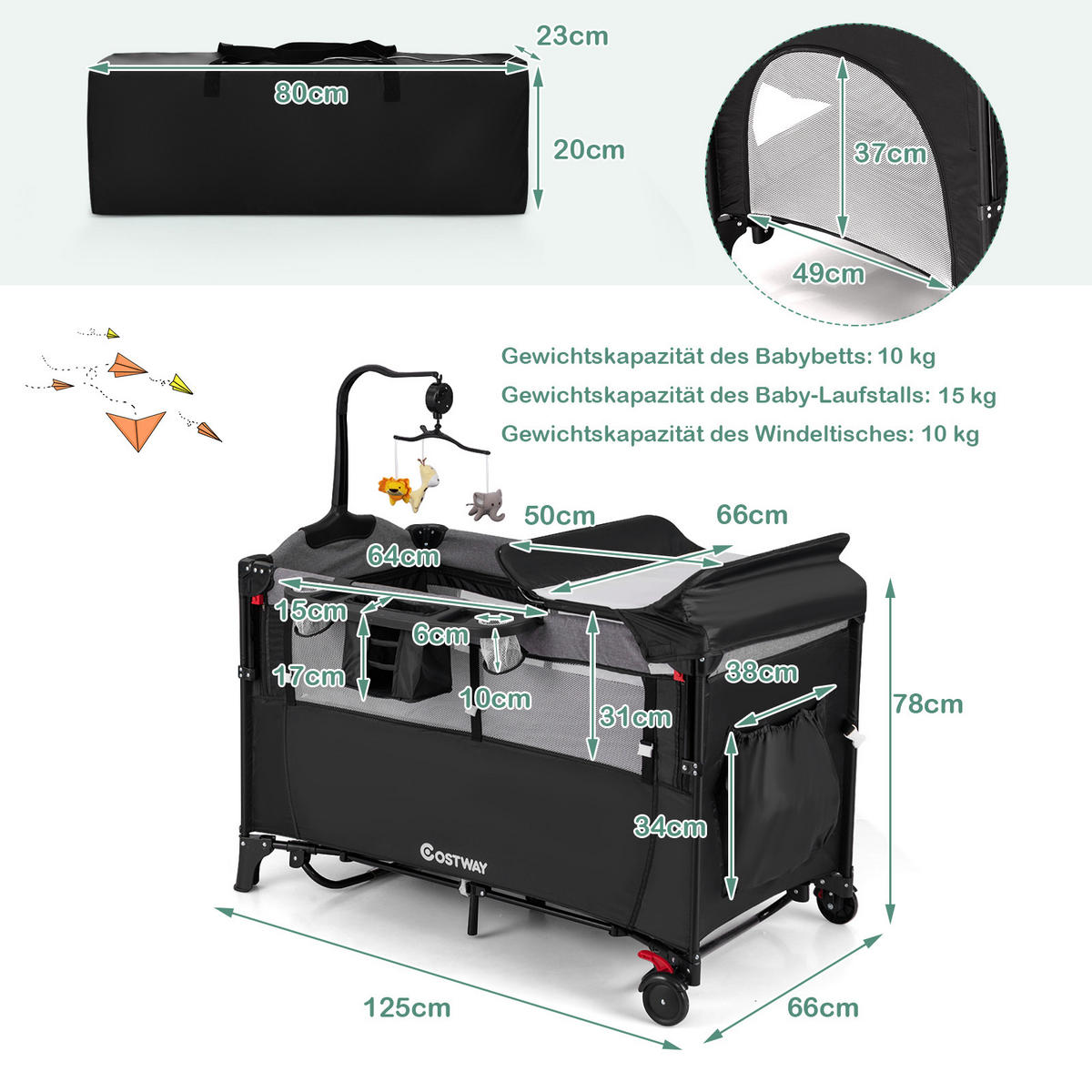 BEISTELLBETT Schwarz - Schwarz, Textil - COSTWAY
