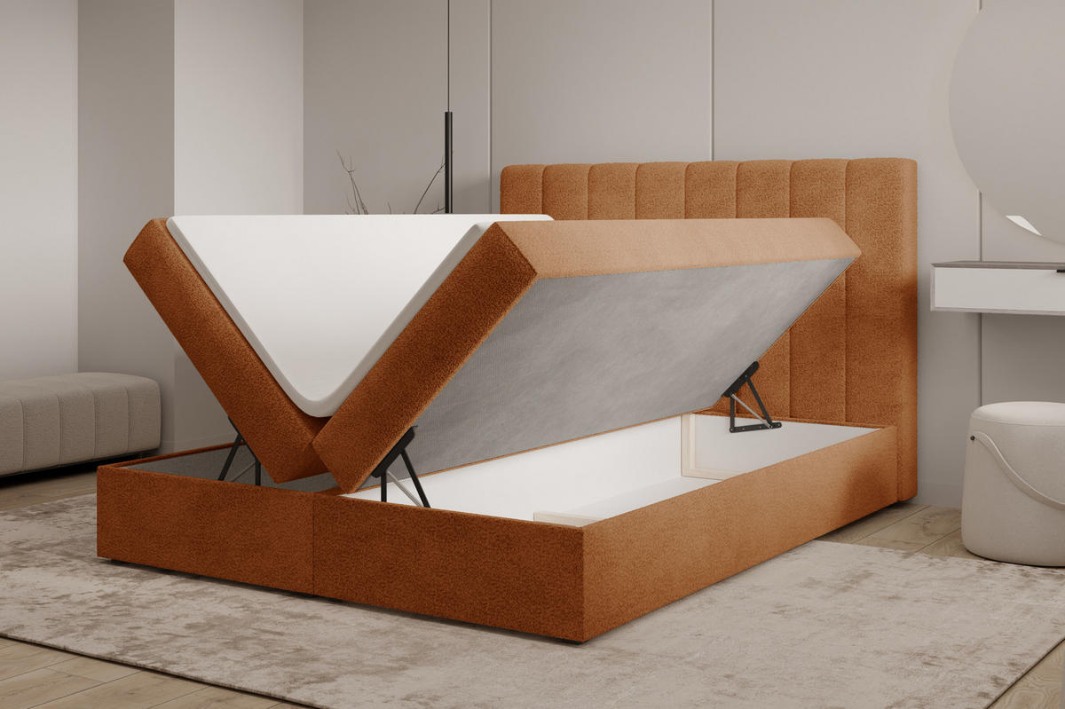 BOXBETT 01 140 x 200 cm - Arena – Stilvoll und bequem Mit Bettkasten, PU-Topper, Federmechanismus, waschbarer Bezug - Orange, Holz (140/200cm) - ROYAL24_MARKT