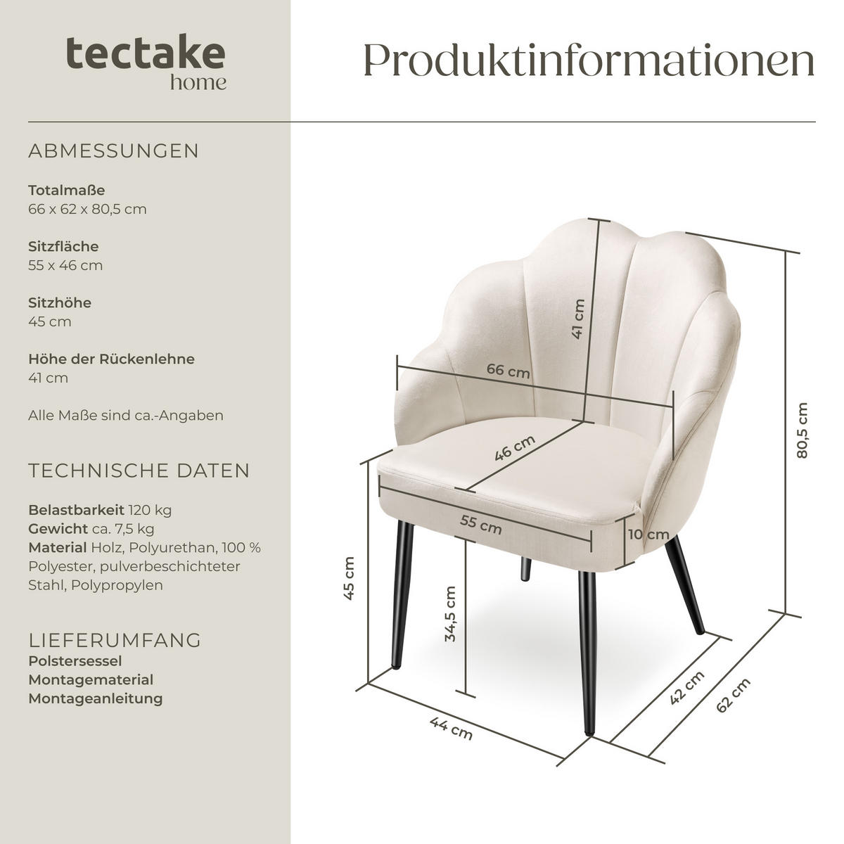COCKTAILSESSEL 1er Set Hellen 66 x 62 x 80 5 cm creme/schwarz - Creme/Schwarz, Textil (66/80.5/62cm) - tectake