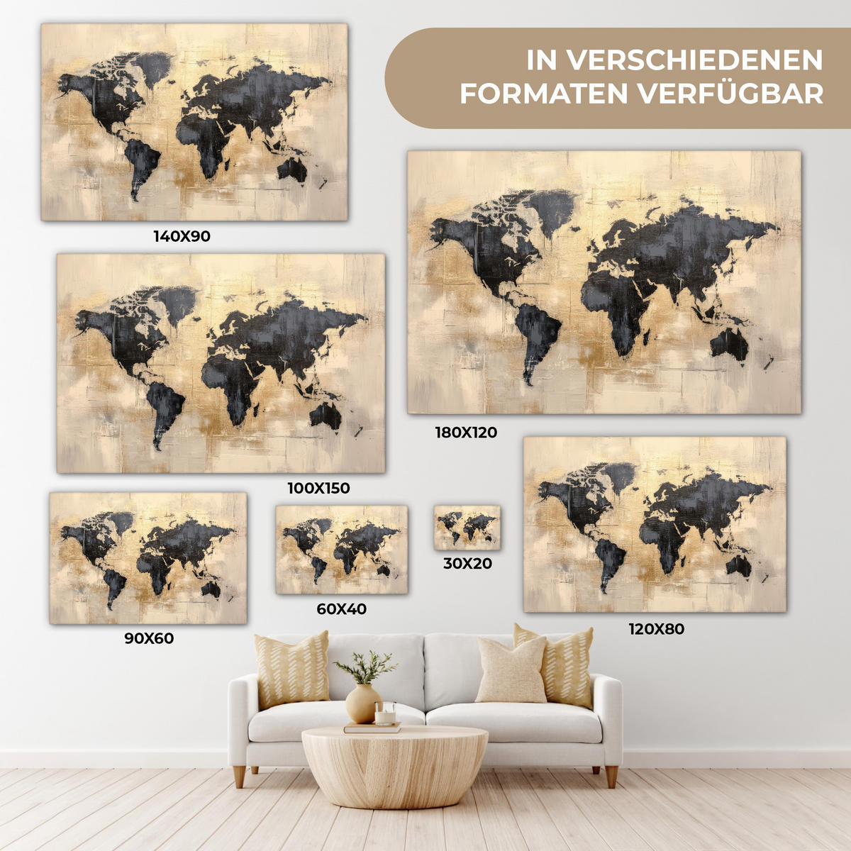 LEINWANDBILD Weltkarte - Gold - Schwarz - Abstrakt XXL 150x100 cm - Kupferfarben, Textil (150/100cm) - MuchoWow