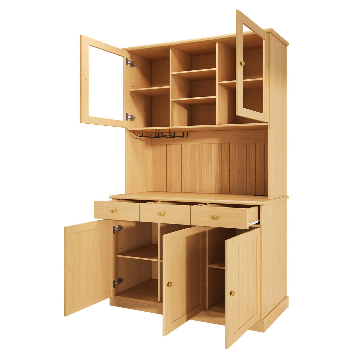 BUFFETSCHRANK aus Spanplatte 120x40x191 cm Naturfarben mit Glastüren, Gläserhalter und Steckdosen - Naturfarben, Holzwerkstoff (120/191/40cm) - IVMEU