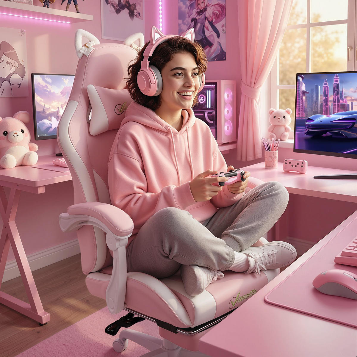 GAMINGSTUHL DE-05251 Katzenohren, Lendenstütze & Fußstütze Rosa - Rosa, Metall (53/128/63.5cm) - ComfortXL