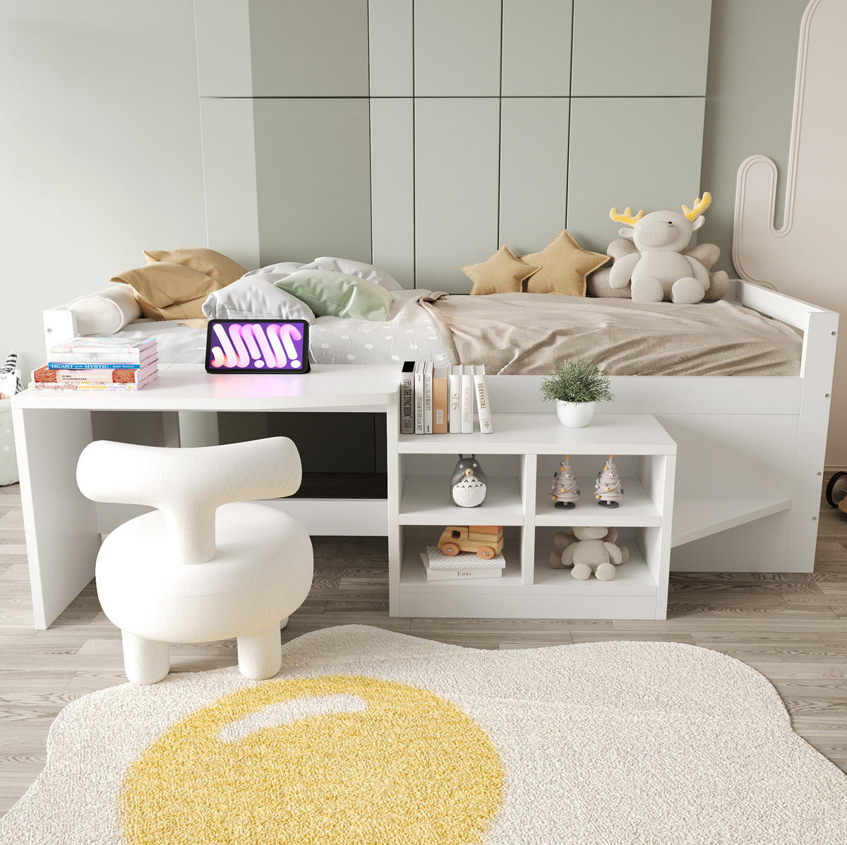 KINDERBETT aus Kiefernholz 90x200 cm Weiß mit Schreibtisch, USB-Anschlüssen, Steckdose und Stauraumschränken - Weiß, Holzwerkstoff (90/200cm) - Modfu