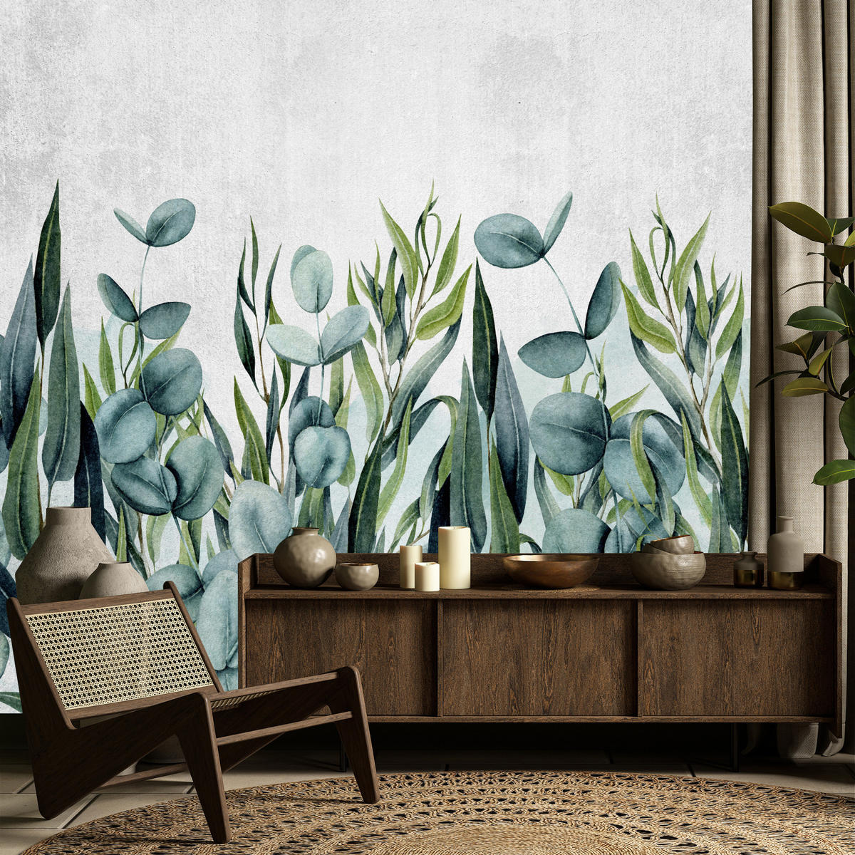 FOTOTAPETE für Wohnzimmer Blätter Beton Aquarell 400x280 - Grau/Grün, Papier (400/280cm) - Muralo