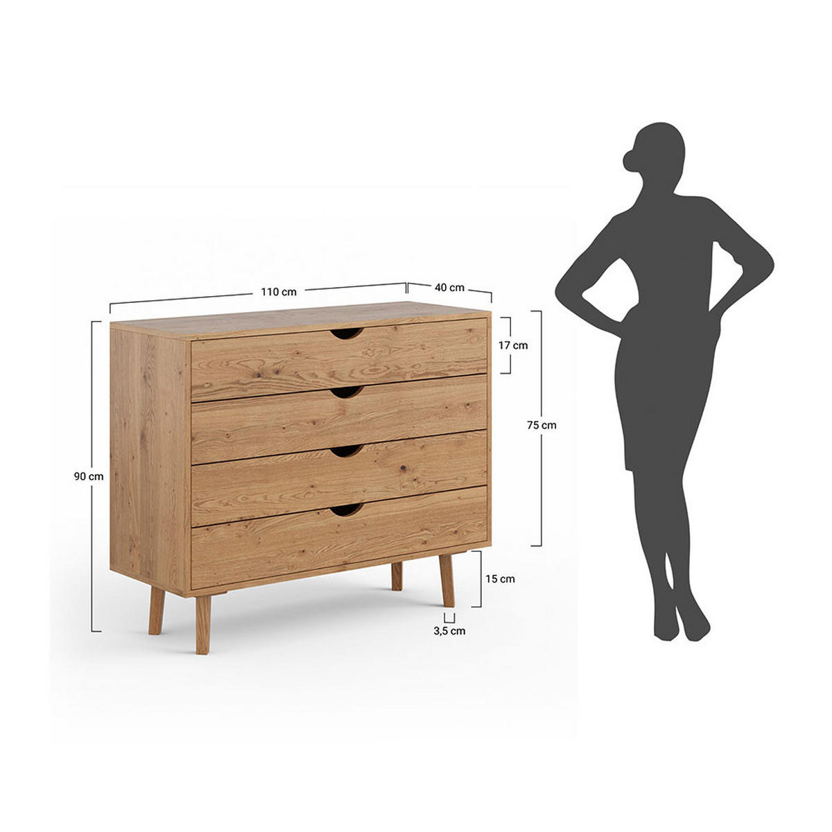 KOMMODE Simona Eiche Natur 110 / 40 / 90cm - Eichefarben, Holz (110/90/40cm) - Feldmann-Wohnen