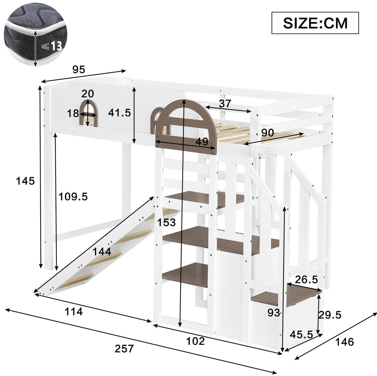 ETAGENBETT aus Kiefer und MDF 90x200 cm Weiß mit Rutsche, Stauraumtreppe und Fenstern - Weiß, Holzwerkstoff (90/200cm) - Modfu