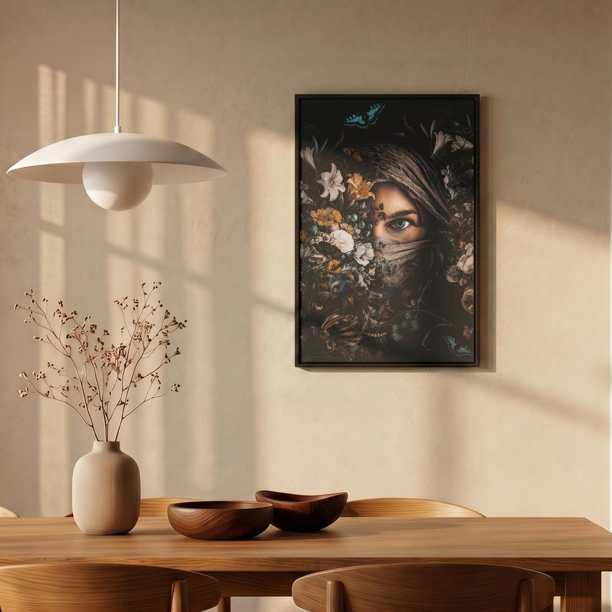 LEINWAND Bilder mit Rahmen - Frau - Luxus - Blumen - Schmetterling - Porträt - 40x60 - Schwarz, Textil (40/60cm) - MuchoWow