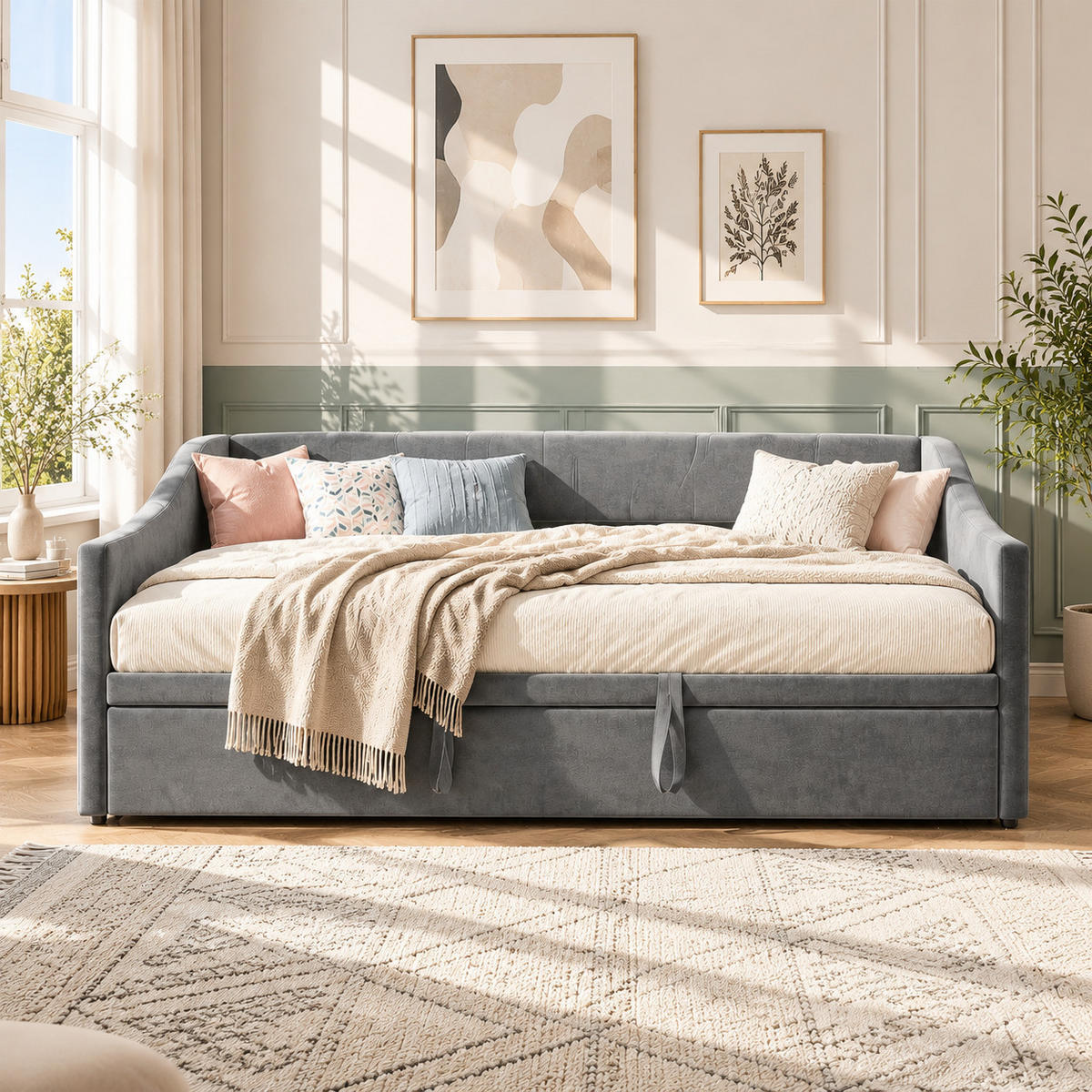SCHLAFSOFA , veloursbezogen, 3-fach umwandelbar, mit Ausziehfunktion und Stauraum grau - Grau, Metall (190/74.5/210cm) - Joyfair