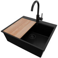 GRANITSPÜLE Oslo, 2-er set Alles Schwarz 58/50 cm 1 Becken + Küchenarmatur 32/20 cm + Ablauf-Set + Schneidebrett ab 60er Unterschrank - Beige/Schwarz, Kunststoff (58/20/50cm) - Primagran