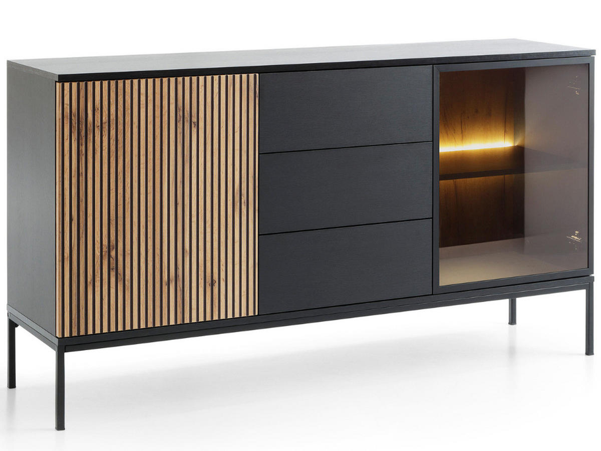 KOMMODE Graphit, Wotan Eichefarben 154/83/39 cm Deo - Eiche Wotan/Schwarz, Naturmaterialien/Glas (154/83/39cm) - Graingold