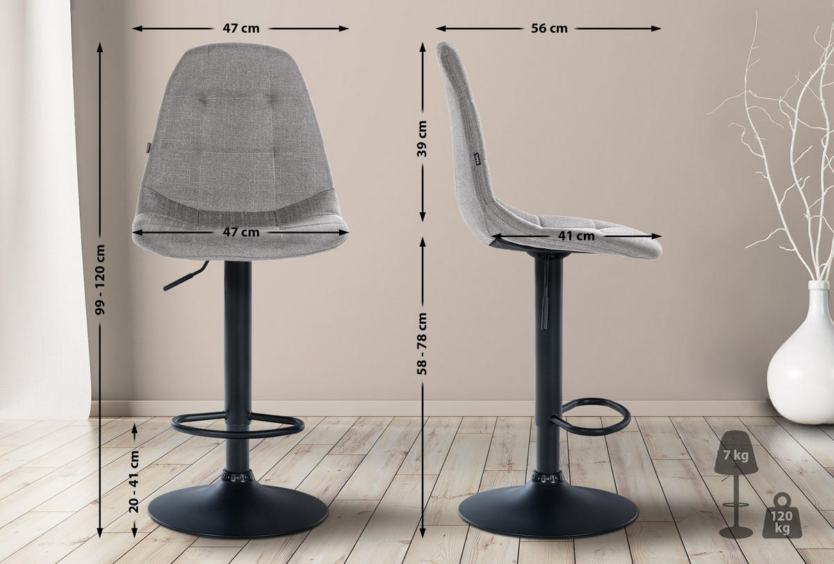 BARHOCKER Elmore 99-120x47x56 cm grau - Grau, Metall (47/99/56cm) - furnicato