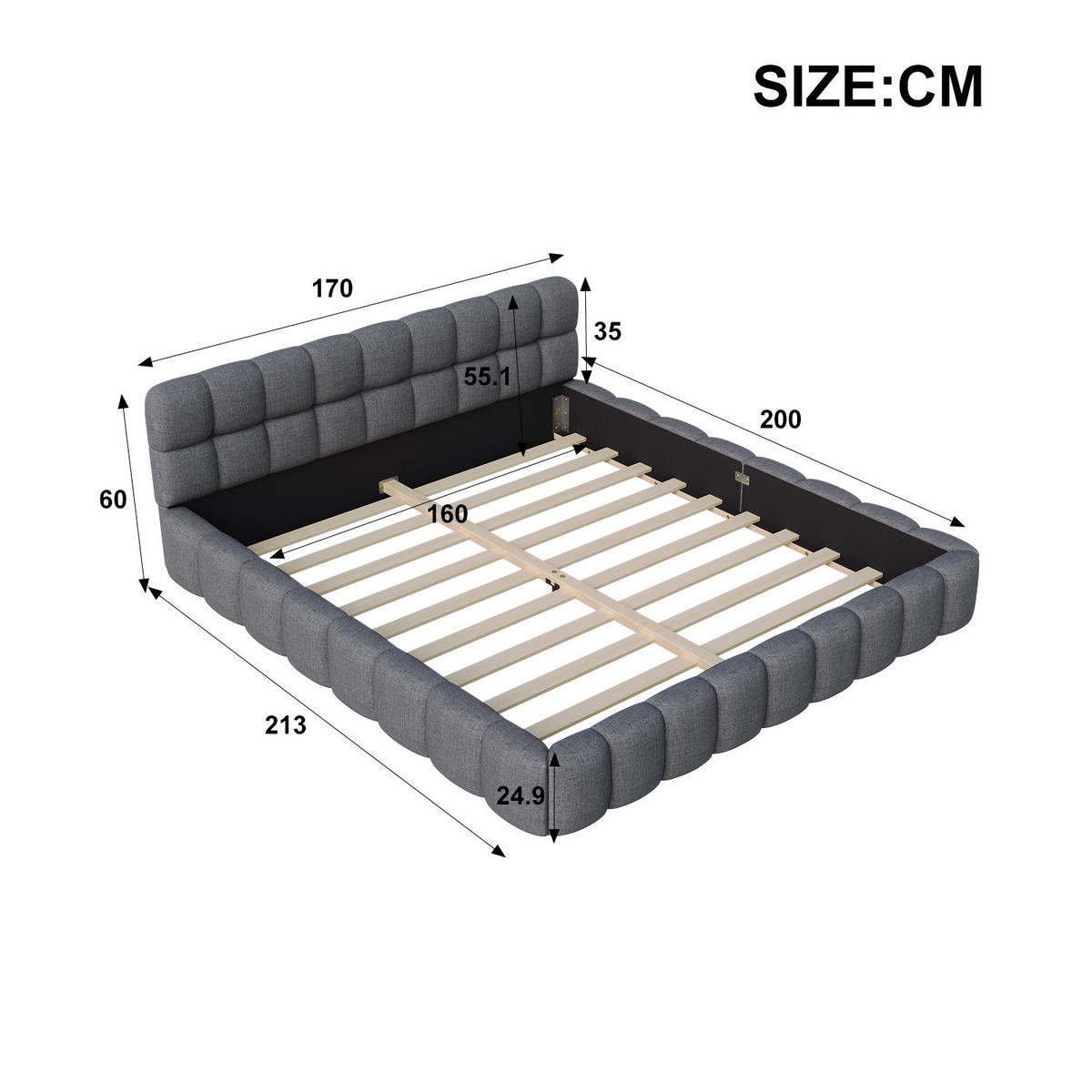 POLSTERBETT 160/200 cm in Grau, Gepolstertes Kopfteil, Leinenoptik Stoff, Modernes Bubble-Design Bett mit Lattenrost, Schlafzimmerbett für 2 Personen - Naturfarben/Grau, Holz/Textil (160/200cm) - BPKADHY