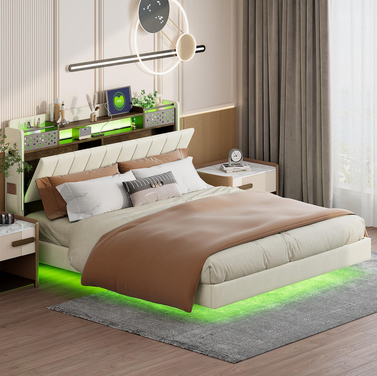 BETT mit LED und USB 160x200 cm Beige - Beige, Metall (160/200cm) - Meubliv