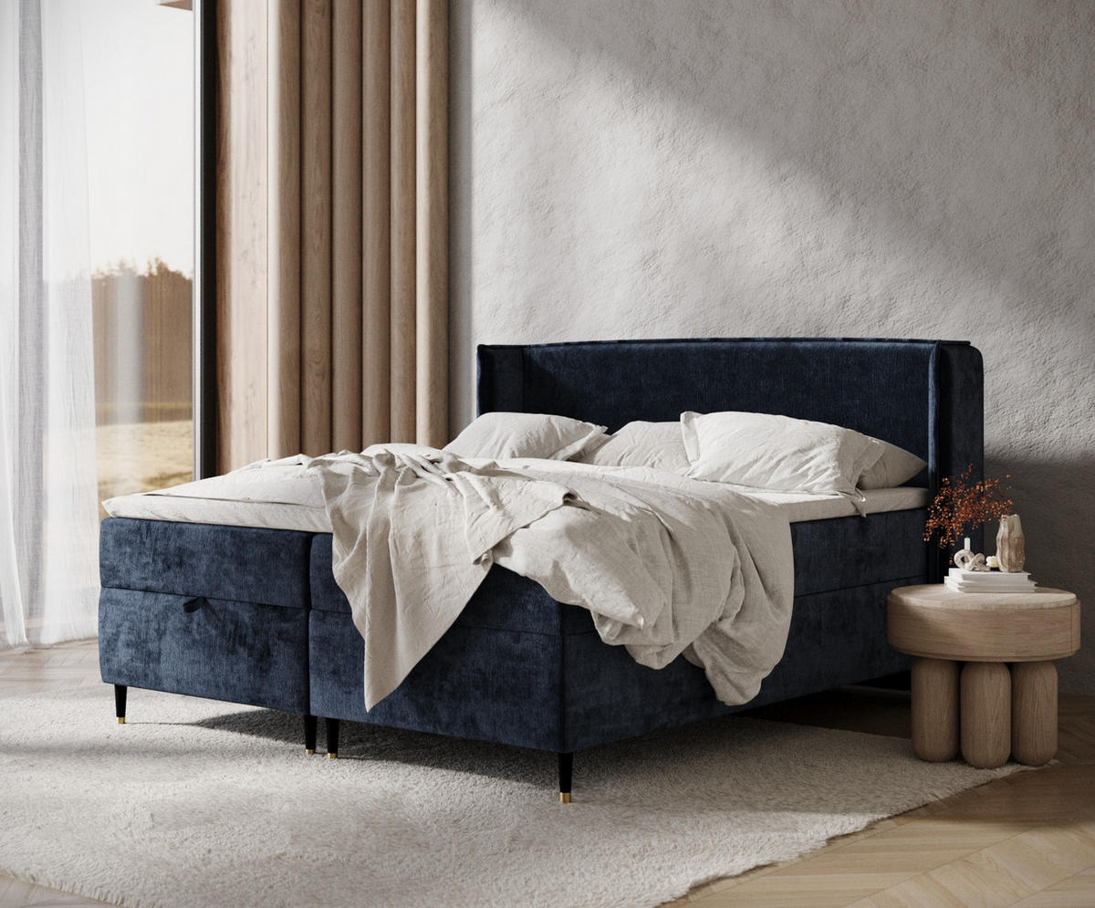 BOXBETT Monpelli Marineblau 200/200 cm mit Matratze und Topper - Schwarz/Dunkelblau, Holz/Holzwerkstoff (200/200cm) - Maison de Reve