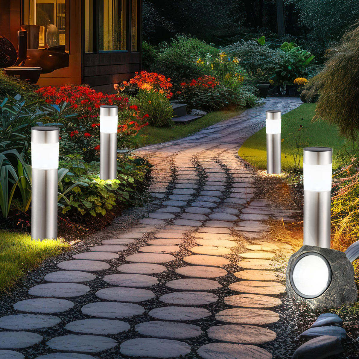 LED AUSSENLEUCHTE SOLAR 5er Set Verschiedene Designs - Silberfarben, Metall (6.5/6.5/38cm)