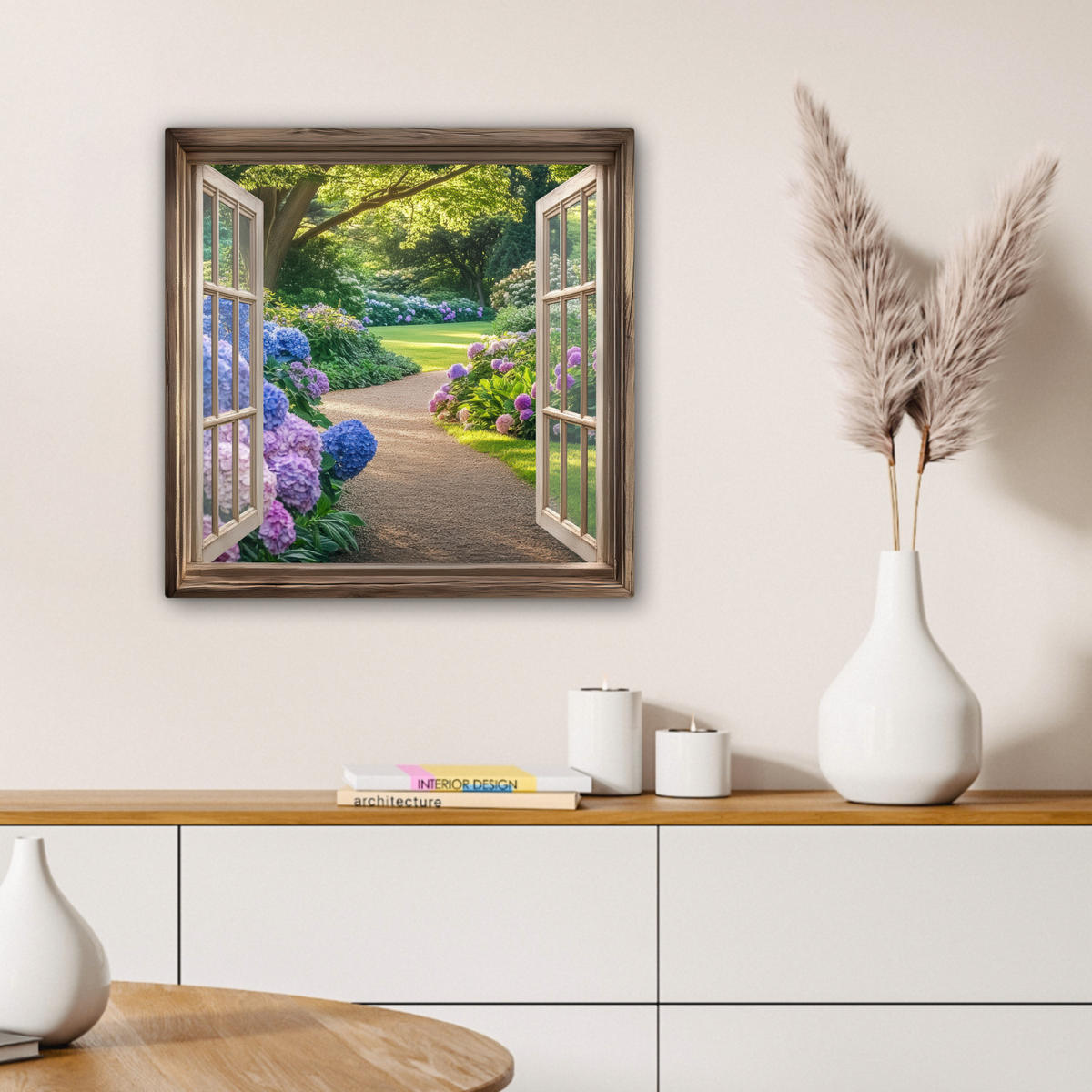 LEINWANDBILD Aussicht - Garten - Fenster - Hortensie - Blumen 50x50 cm - Pastellblau, Textil (50/50cm) - MuchoWow