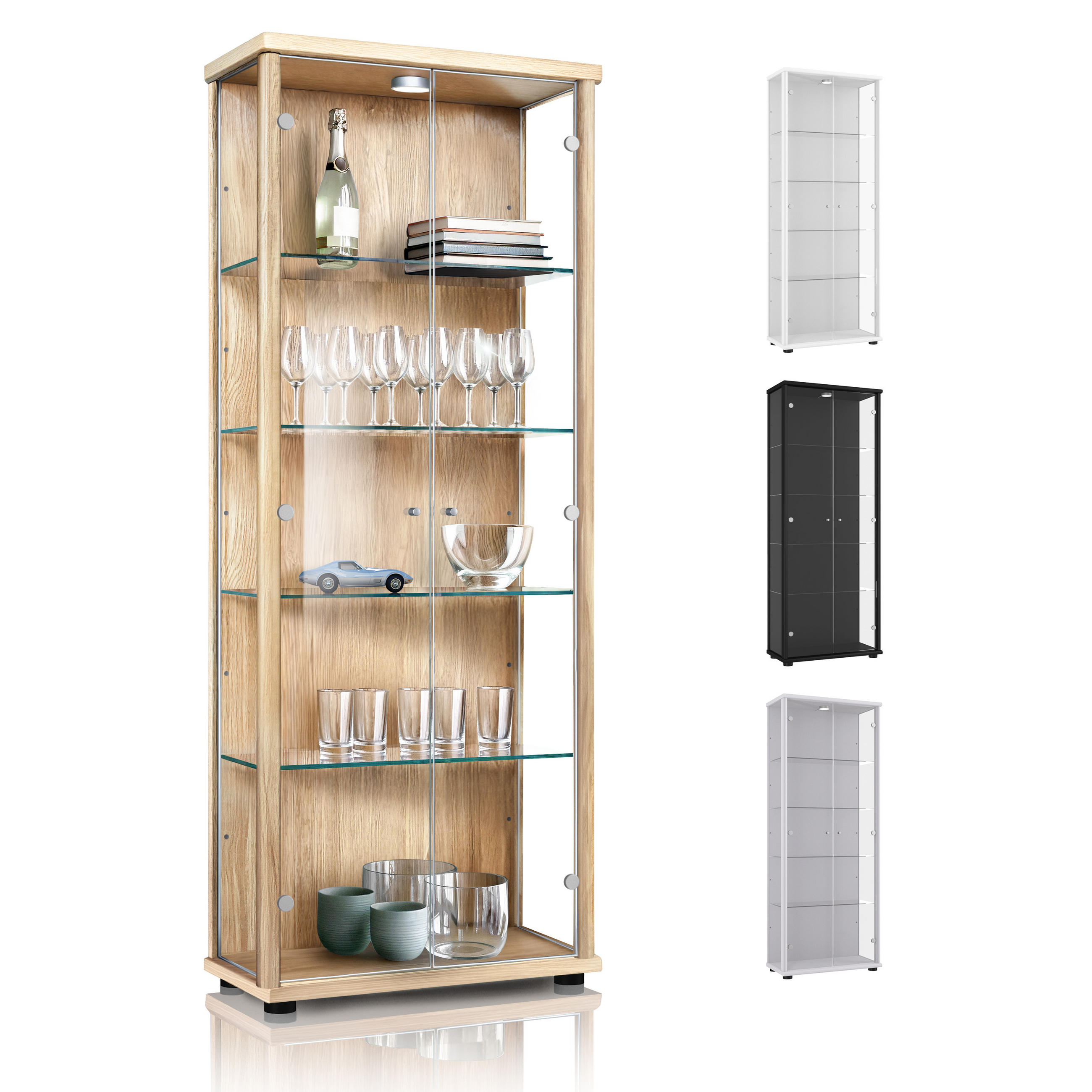 GLASVITRINE 33/67/176 cm mit LED & 4 höhenverstellbaren Glasböden - Transparent/Silberfarben, Glas/Holzwerkstoff (67/176/33cm) - K-Möbel