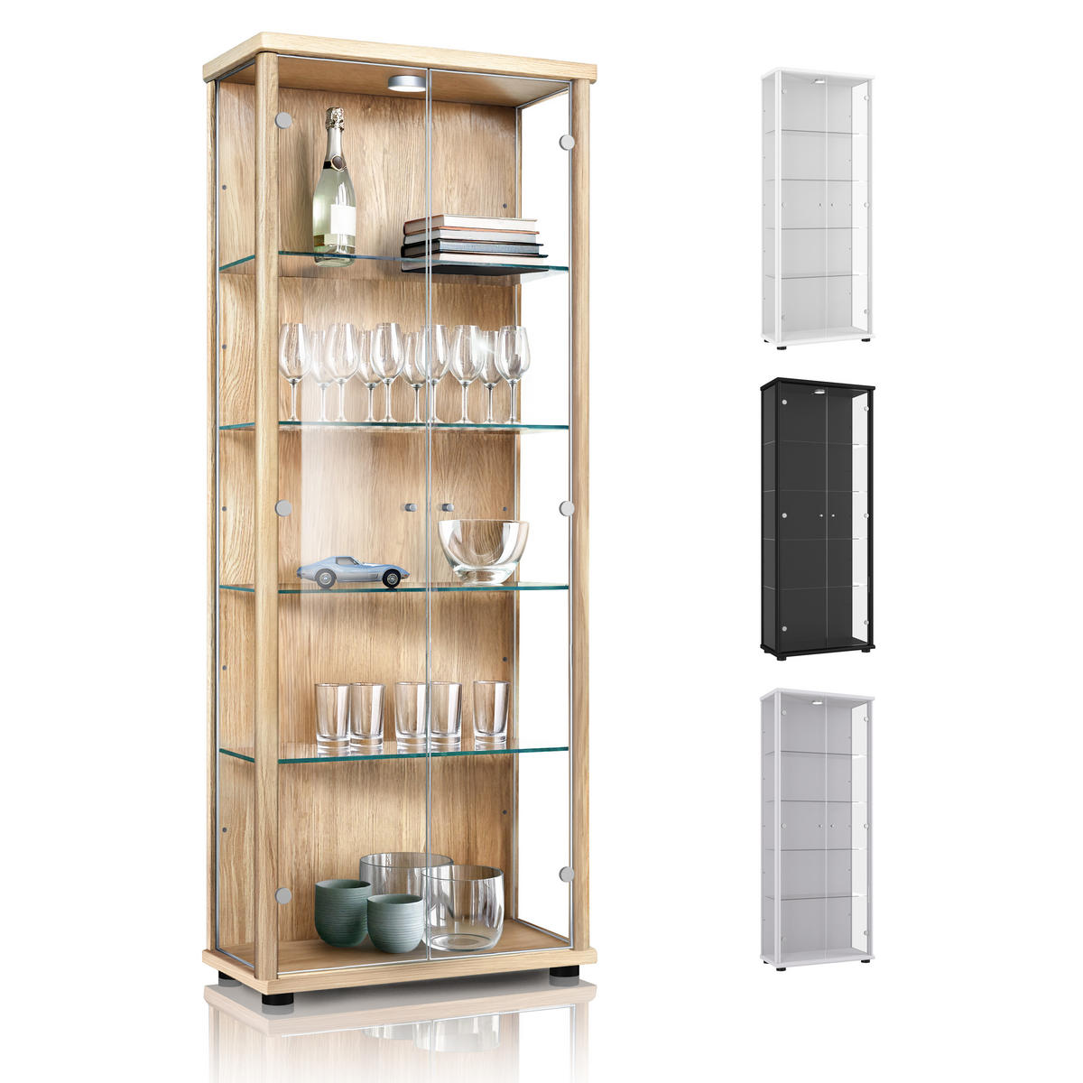 GLASVITRINE 33/67/176 cm mit LED & 4 höhenverstellbaren Glasböden - Transparent/Silberfarben, Glas/Holzwerkstoff (67/176/33cm) - K-Möbel