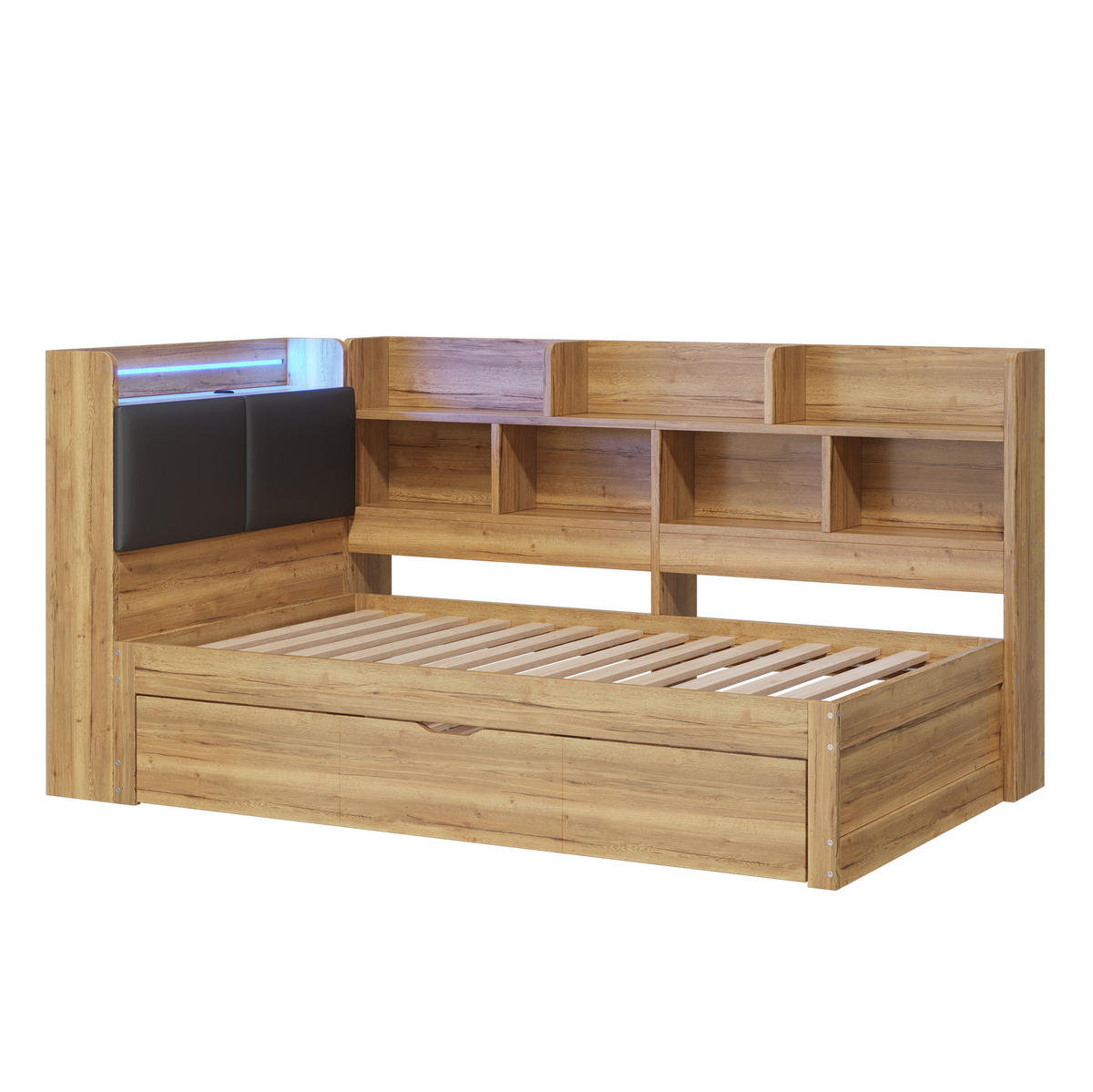 DETSKÁ posteľ 90/200 cm prírodná z MDF s výsuvným lôžkom 90/190 cm LED osvetlením USB a policami - prírodná farba, kompozitné drevo (90/200cm) - OKWISH
