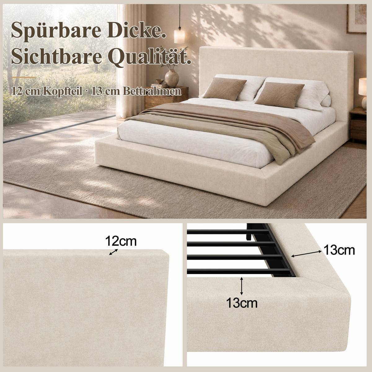 POLSTERBETT 160/200 mit gepolstertem Kopfteil und Lattenrost in Beige - Beige, Holzwerkstoff/Textil (160/200cm) - EVRYAE