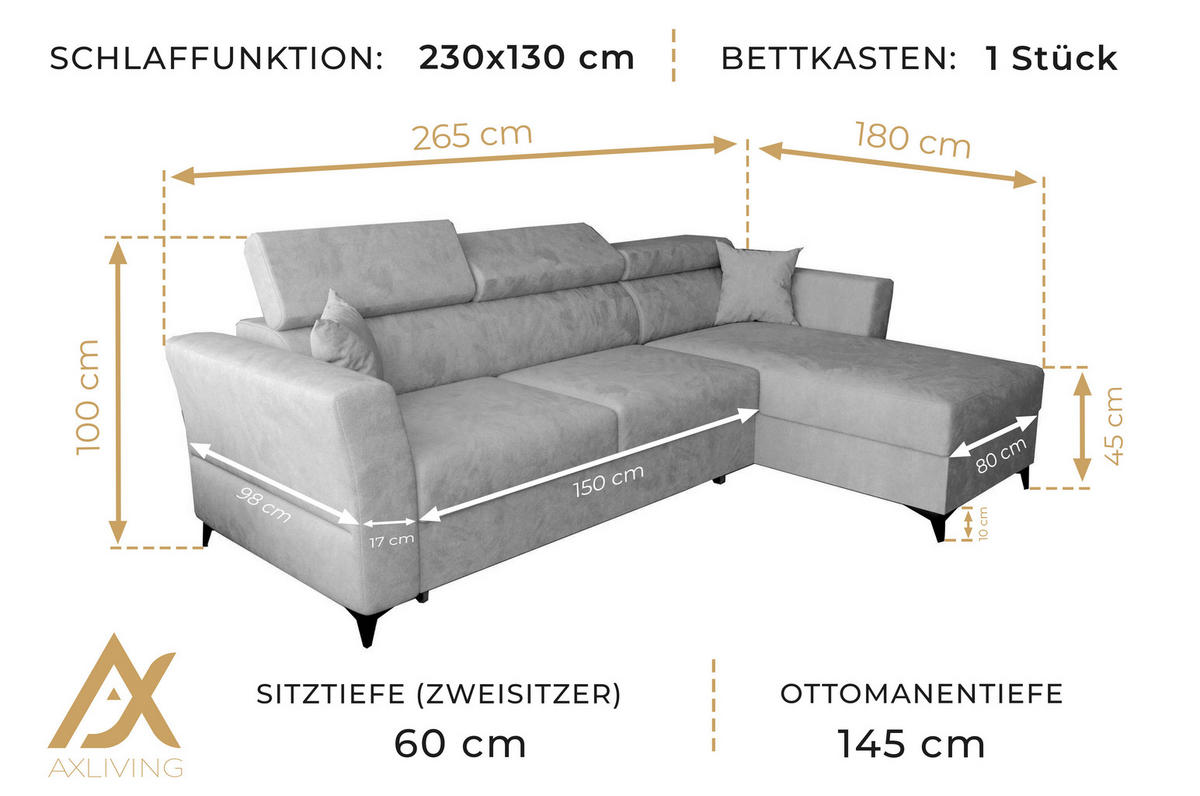 ECKSOFA L Form Ribella Türkis 265/180/100 cm Links mit Schlaffunktion - Türkis/Schwarz, Textil/Metall (180/265cm) - AX Living