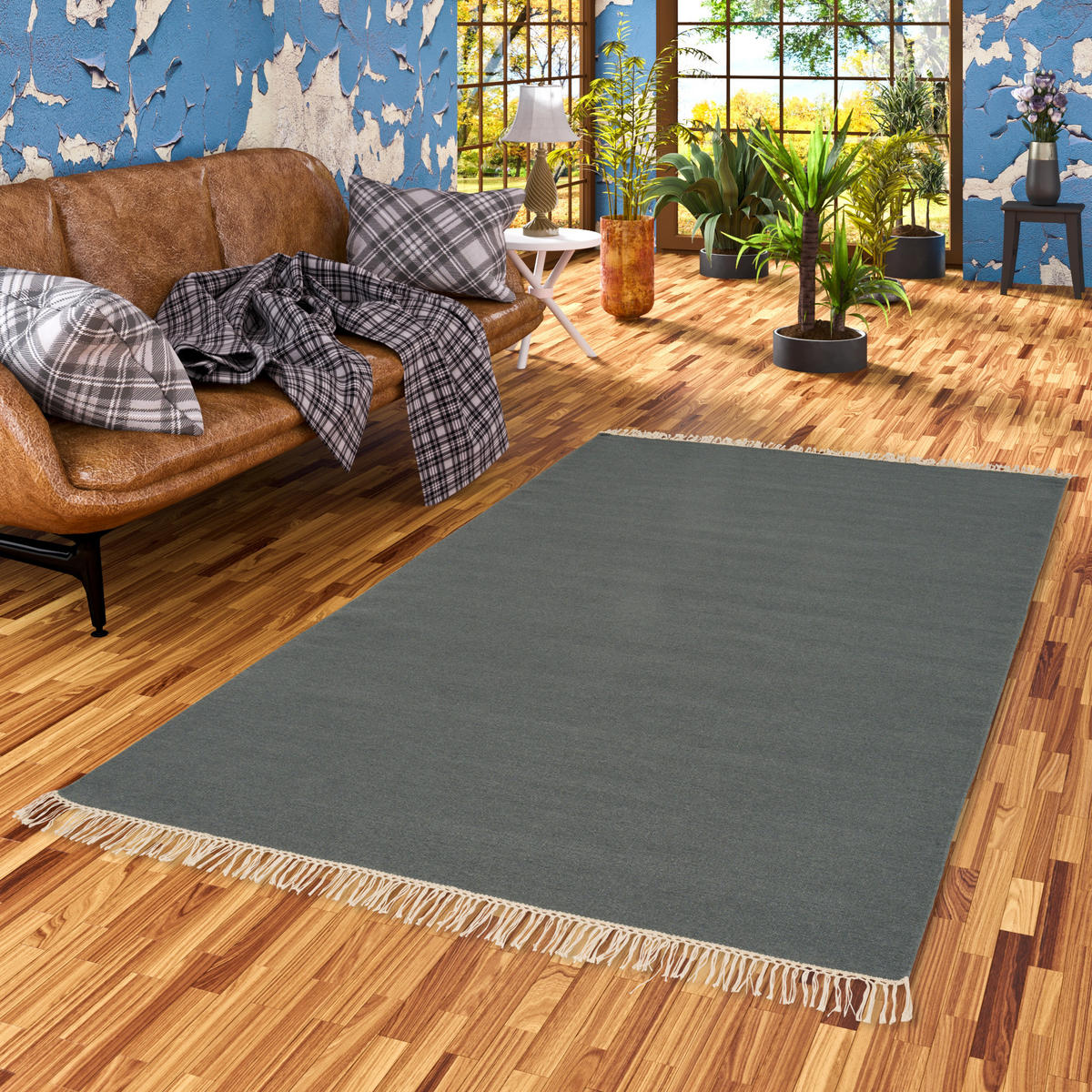 WOLLE NATUR TEPPICH KELIM MILA - Blaugrau, Textil (140/200cm) - Pergamon