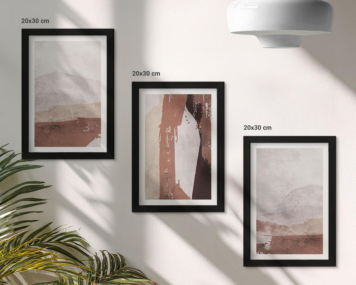BILDER SET 3er Set - 20x30 cm Schwarzer Rahmen - Braun-beige abstrakte Muster - Schwarz, Kunststoff (20/30cm) - TULUP