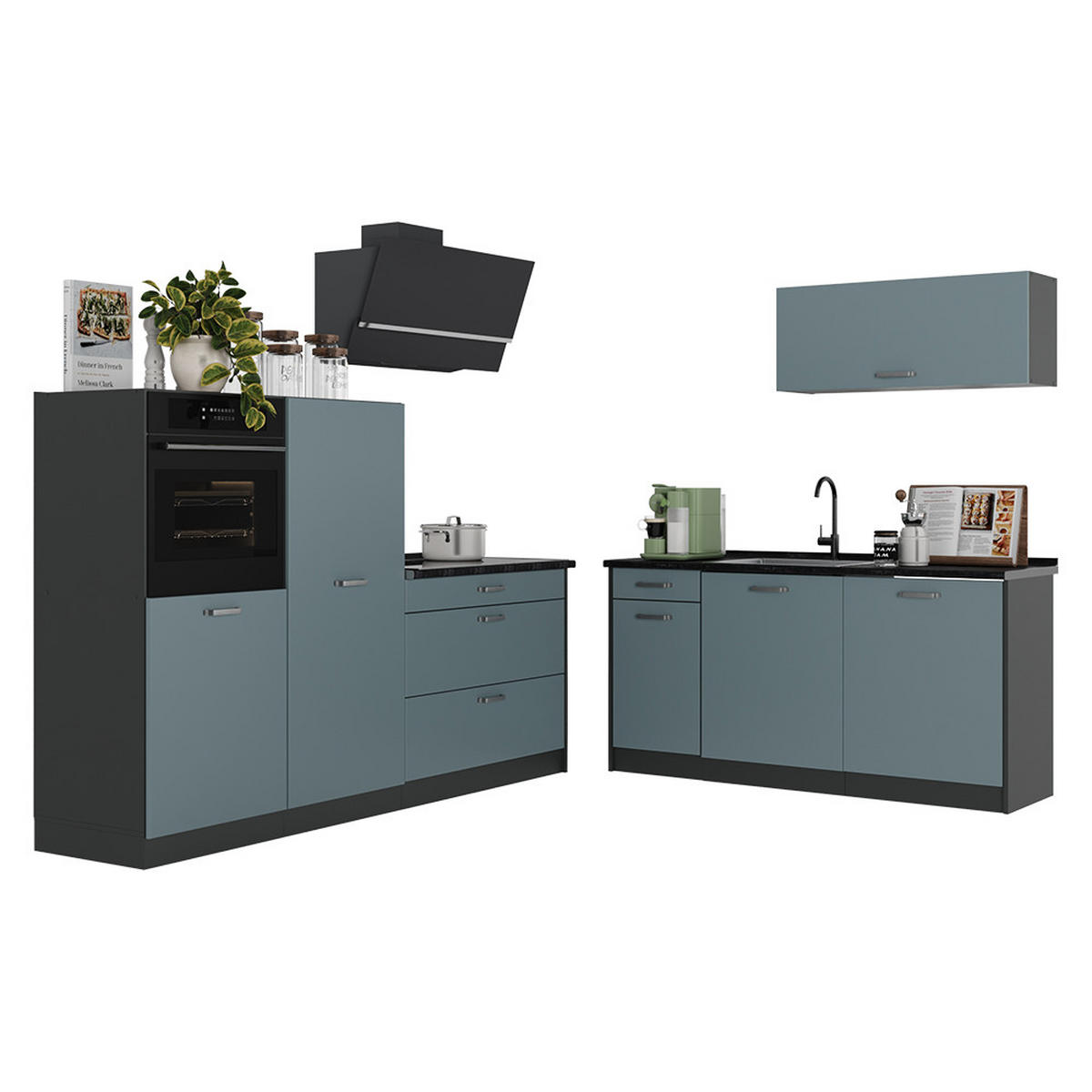 KUCHYŇSKÝ KOUT R-Line, Modrošedá/Antracit, 220 cm pracovná doska Dub Goldkraft - antracitová/šedohnědá, kompozitní dřevo (220/143/60cm) - Vicco