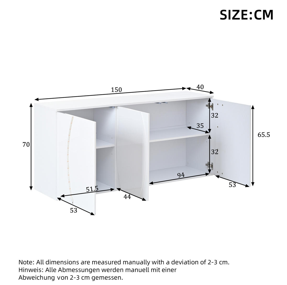 BOČNÍ skříň 150/40/70 cm bílá z dřevotřísky s LED osvětlením a třemi dvířky - bílá, kompozitní dřevo (150/70/40cm) - OKWISH