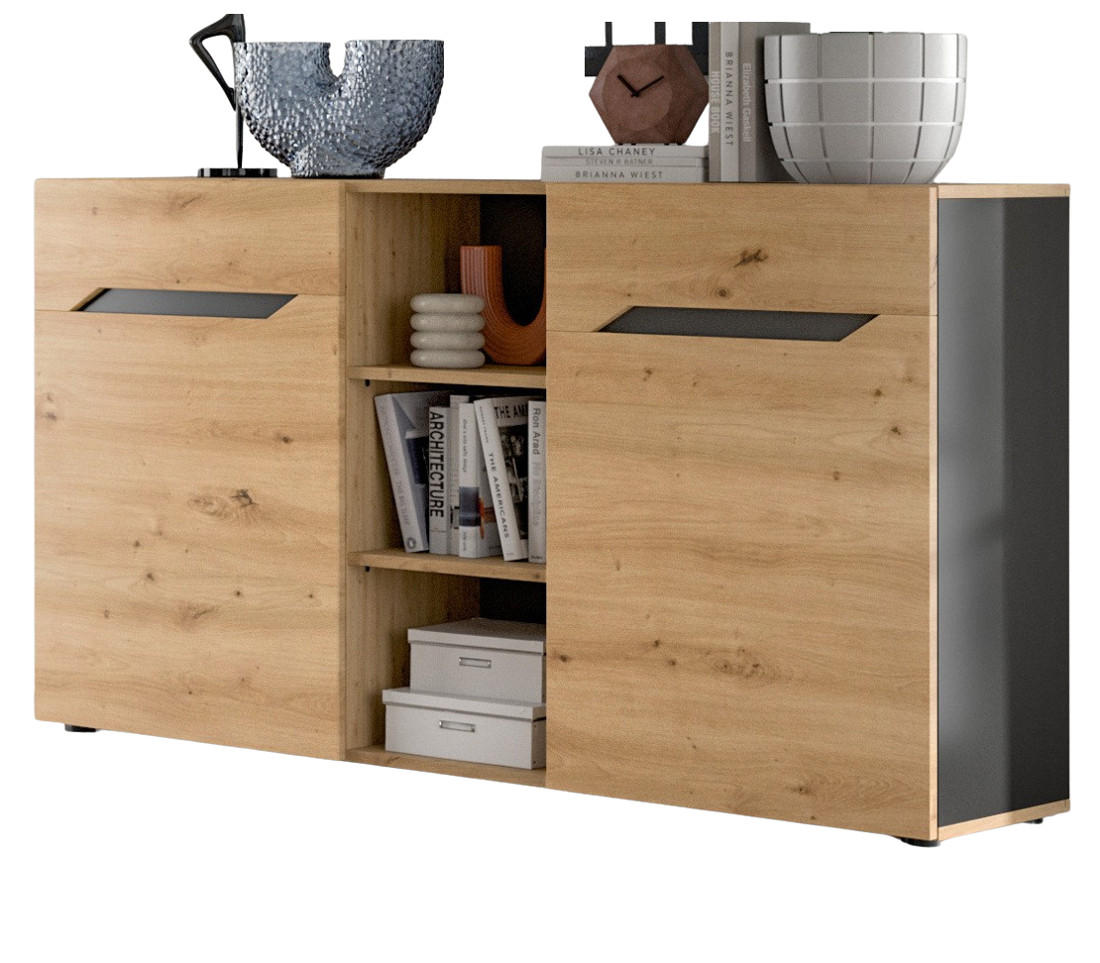 SIDEBOARD Eiche Artisan und Grau, Kommode mit 9 Fächern 130 x 81 cm - Dunkelgrau/Schwarz, Holzwerkstoff/Kunststoff (130/81/37cm) - Inn.Furn