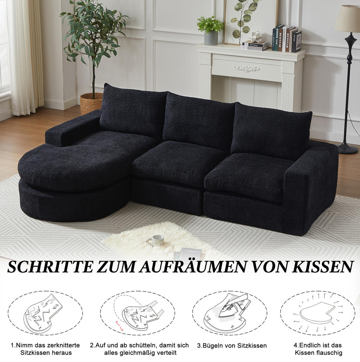 ECKSOFA aus Chenille Schwarz mit verstellbarer Chaiselongue, 4 Modulen und ohne Montage - Schwarz, Textil (250/160cm) - Modfu