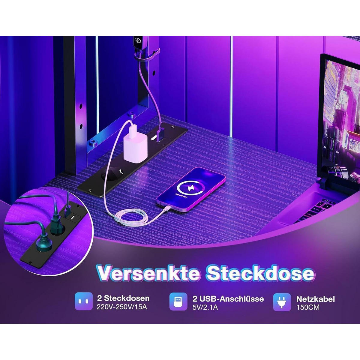 SCHREIBTISCH L-Form mit LED und Steckdosen 135 x 100 cm Schwarz - Schwarz, Holzwerkstoff (80/110/75.6cm)