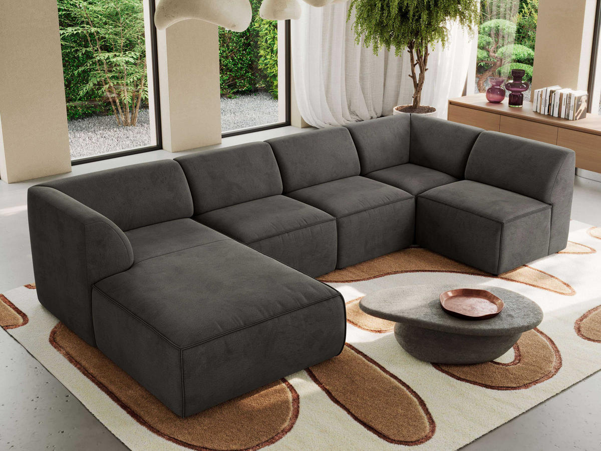 WOHNLANDSCHAFT MODARO U 5M - Dunkelgrau Velvet - Links - Dunkelgrau/Schwarz, Textil (180/78/345cm) - MKS
