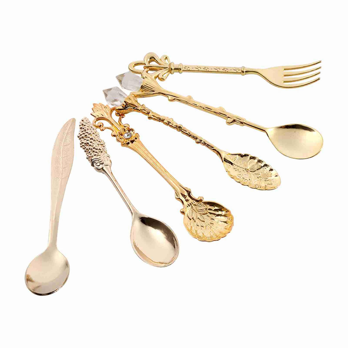BESTECK-SET Gold 5 Löffel 1 Gabel, Kunstvolles 3D Muster, Deko Accessoire - Goldfarben, Metall