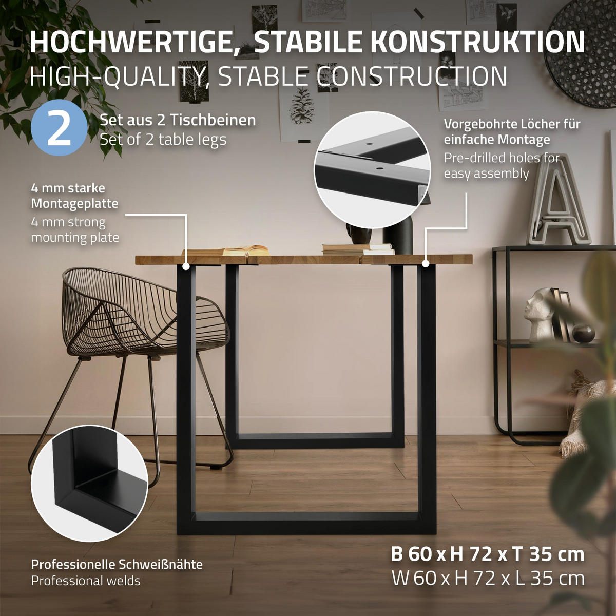 SADA 2 kusů nohou ke stolu ve tvaru U, 70 x 74 cm, černé - černá, kov (70/74/8cm) - ML-DESIGN