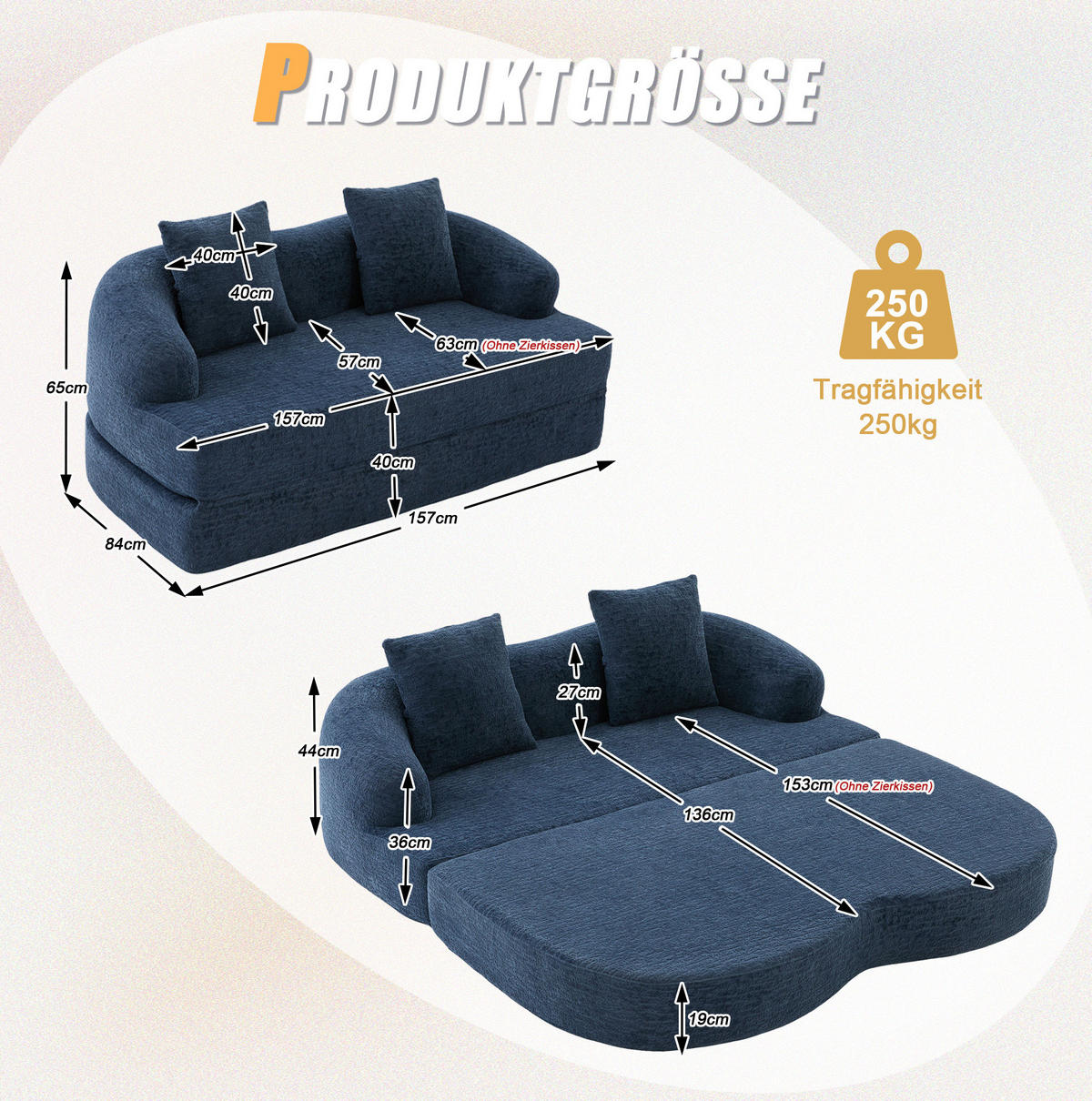 SOFA mit Schlaffunktion 157 x 84 x 65 cm Chenille Navy - Blau, Kunststoff (84/65/157cm) - Meubliv