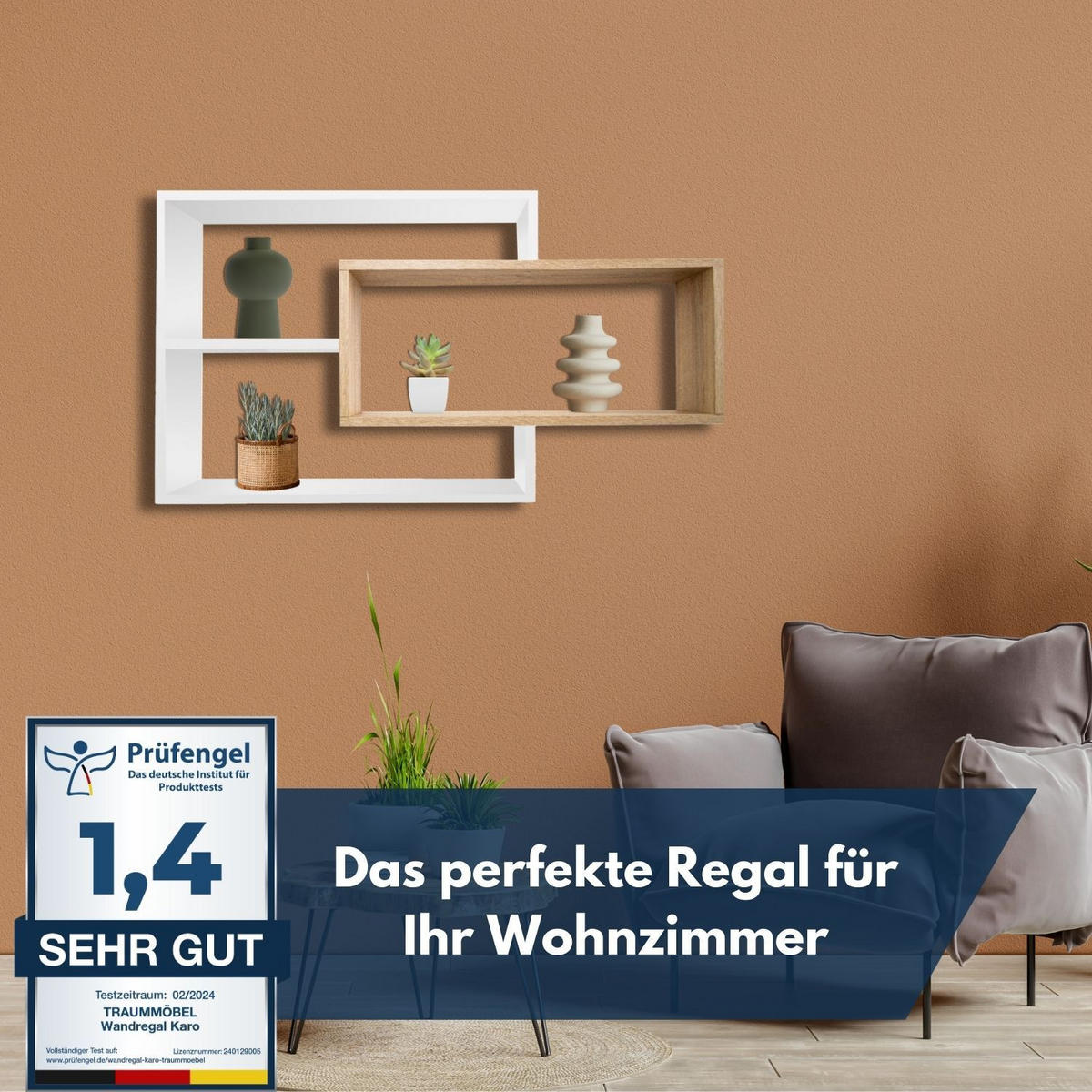 SCHWEBEREGAL KARO Weiß/Natur - Weiß/Naturfarben, Holzwerkstoff (20/59/104cm) - Mein-Regal